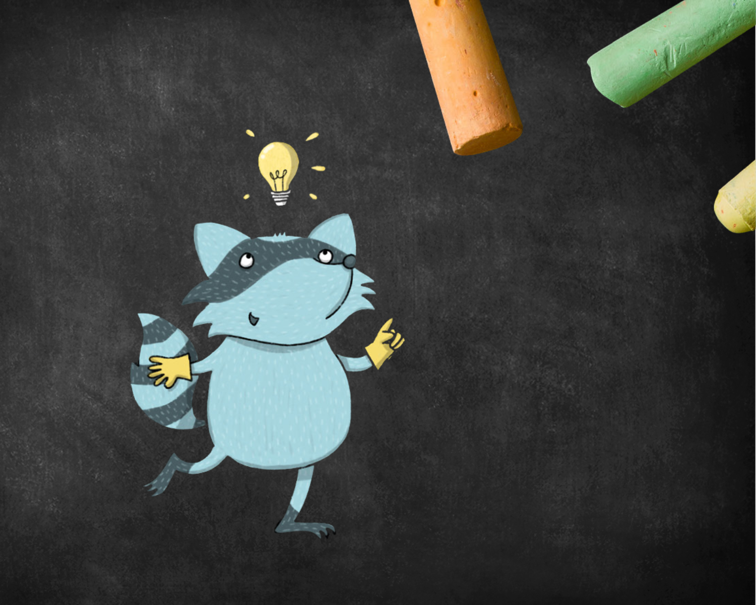 Eine Illustration eines blauen Waschbären mit gelben Handschuhen, der vor einer schwarzen Tafel steht. Neben ihm leuchtet eine Glühbirne, die eine Idee symbolisiert. Oben rechts sind bunte Kreidestücke zu sehen.
