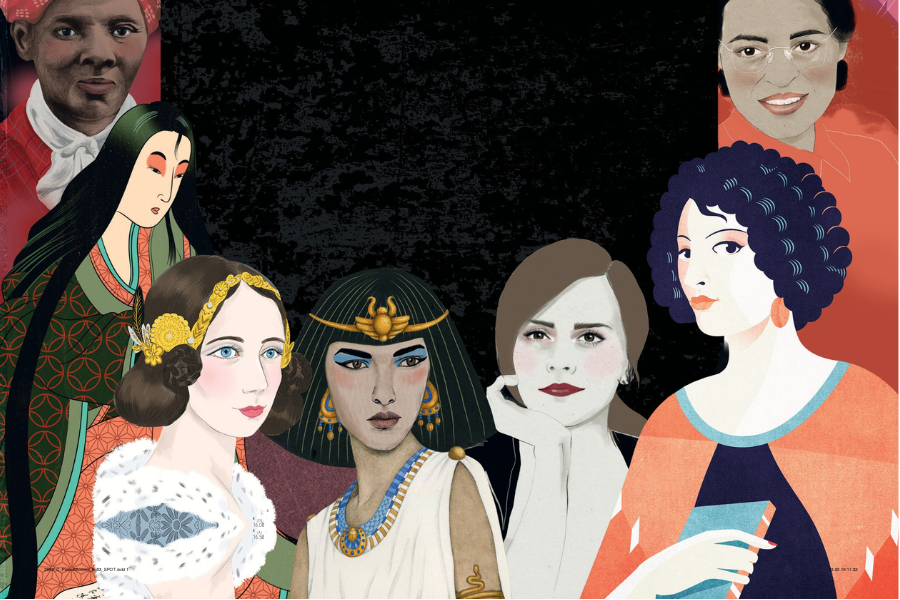 Eine Illustration zeigt mehrere historische und kulturelle Figuren, deren Gesichter unscharf gemacht wurden. Links ist eine Frau in traditioneller japanischer Kleidung mit langen schwarzen Haaren und roten Akzenten. Daneben ist eine Frau mit einer eleganten Hochsteckfrisur, geschmückt mit goldenen Haaraccessoires, und einem weißen Pelzkragen. In der Mitte steht eine Figur in altägyptischer Kleidung mit einem goldenen Kopfschmuck und einer blauen Halskette. Rechts ist eine weitere Person in einem modernen, f