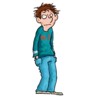 Illustration eines jungen Mannes mit zerzaustem braunem Haar, der ein blaues Sweatshirt und eine blaue Hose trägt. Er steht leicht gebeugt und wirkt genervt.