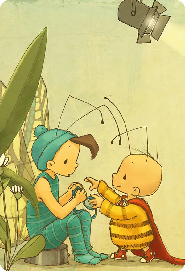 Illustration von zwei Kindern, die als Insekten verkleidet sind. Das linke Kind trägt ein blaues Kostüm mit Flügeln und das rechte Kind ein gelbes Kostüm mit schwarzen Streifen und einem roten Umhang. Im Hintergrund ist ein Scheinwerfer zu sehen, der die Szene beleuchtet.