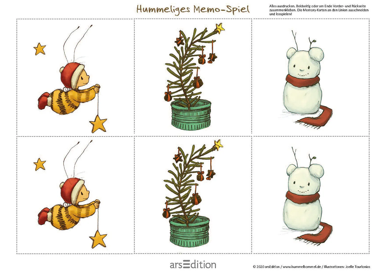 Memory-Spiel mit Hummeln, Tannenbaum und Schneemann, Karten zum Ausschneiden, Illustration von Joëlle Tourlonias.