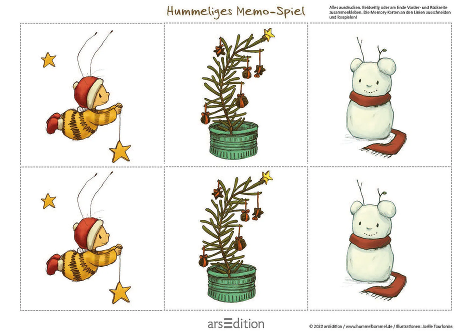 Memory-Spiel mit Hummeln, Tannenbaum und Schneemann, Karten zum Ausschneiden, Illustration von Joëlle Tourlonias.