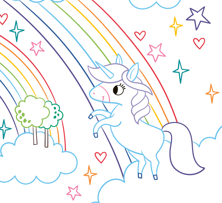 Ausmalbild: Ein weißes Einhorn mit lila Mähne springt auf einer Wolke vor zwei Regenbögen, umgeben von Sternen, Herzen und Wolken.