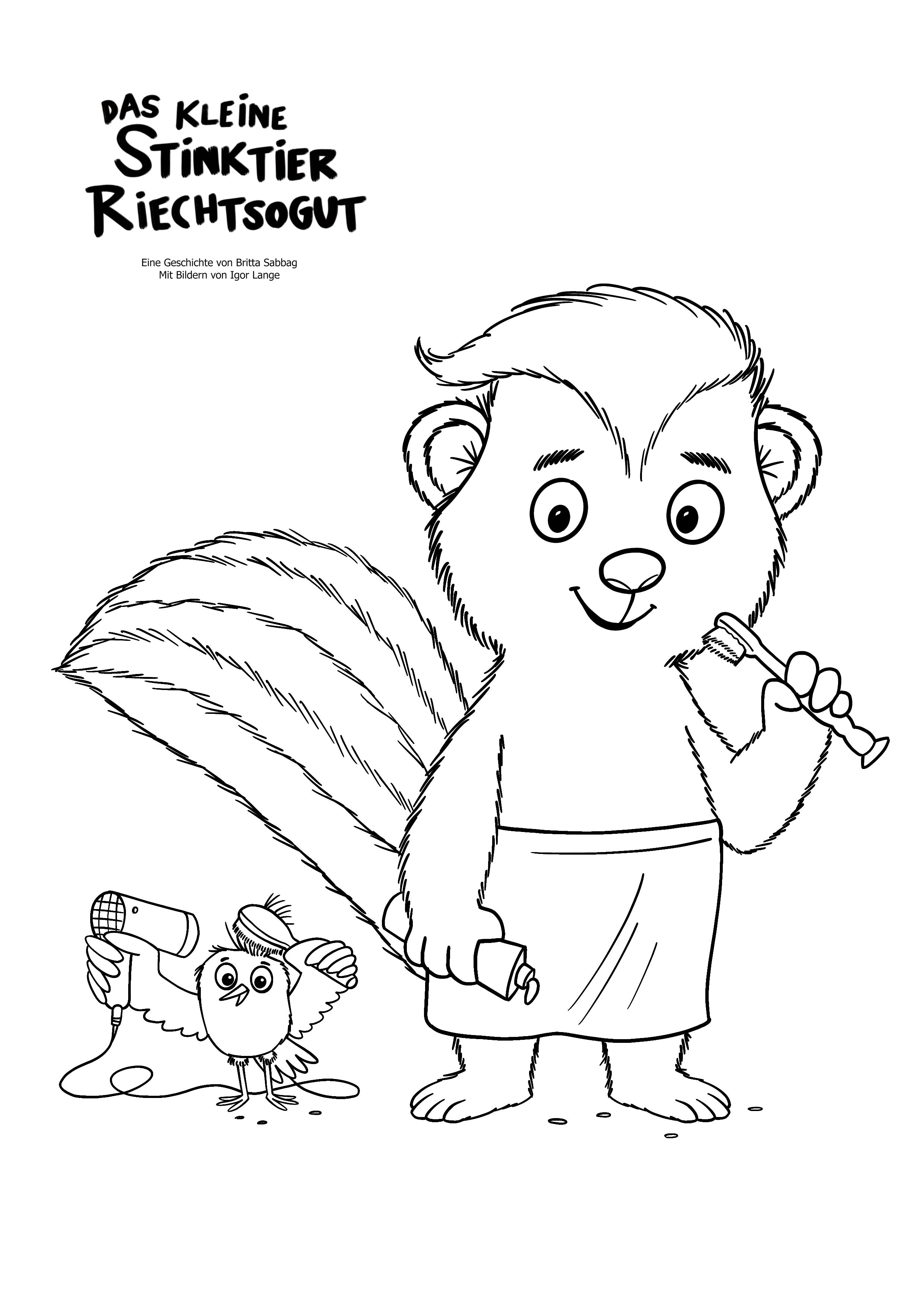 Malvorlage von einem Stinktier und Vogel.