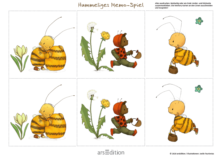 Memory-Spiel mit Hummeln, Blumen und Blumentopf, Karten zum Ausschneiden, Illustration von Joëlle Tourlonias.