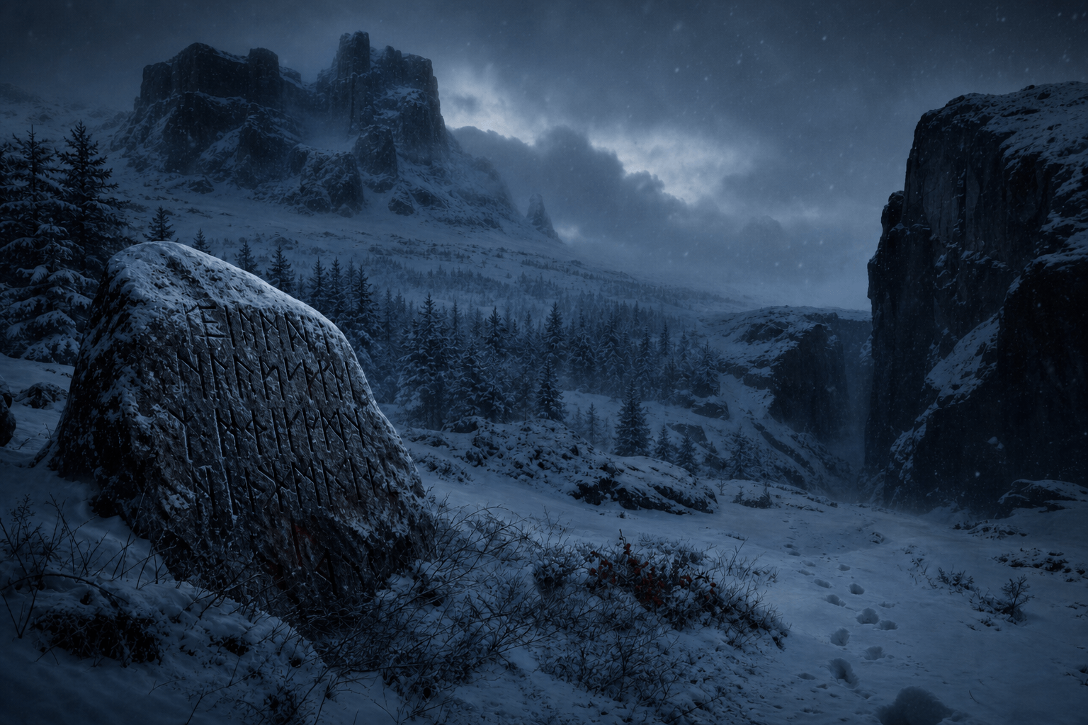 KI-generiertes Bild einer verschneiten isländischen Landschaft im tiefblauen Dämmerlicht: Ein verwitterter Runenstein liegt im Schnee, Fußspuren führen zu einer dunklen Felsschlucht. Unheimliche Stimmung.