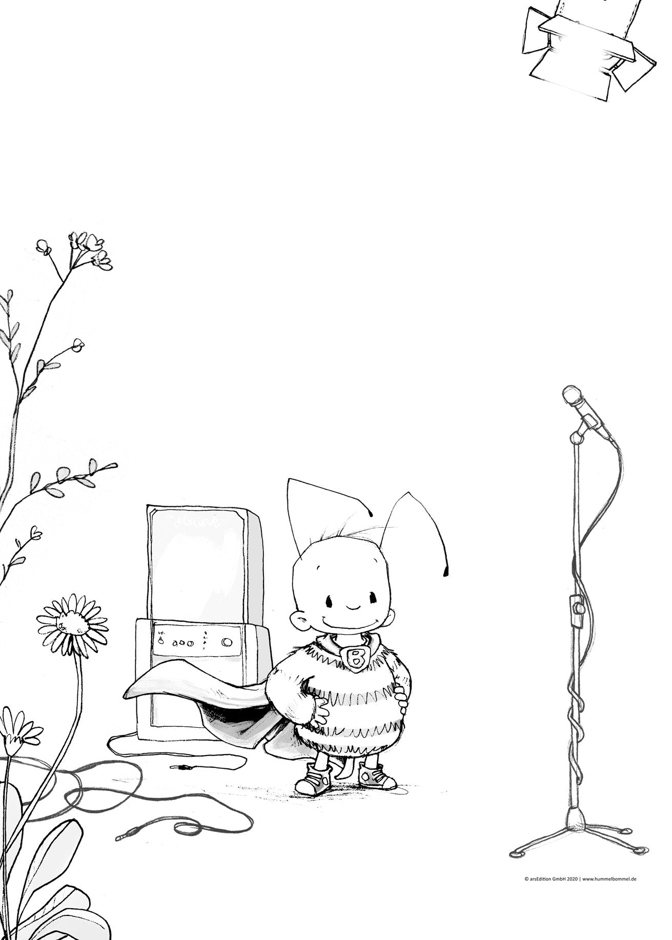 Schwarz-weiß-Illustration: Eine Hummel in einem gestreiften Pullover steht selbstbewusst vor einem Lautsprecher, daneben ein Mikrofonständer. Links wachsen Blumen und Gräser.