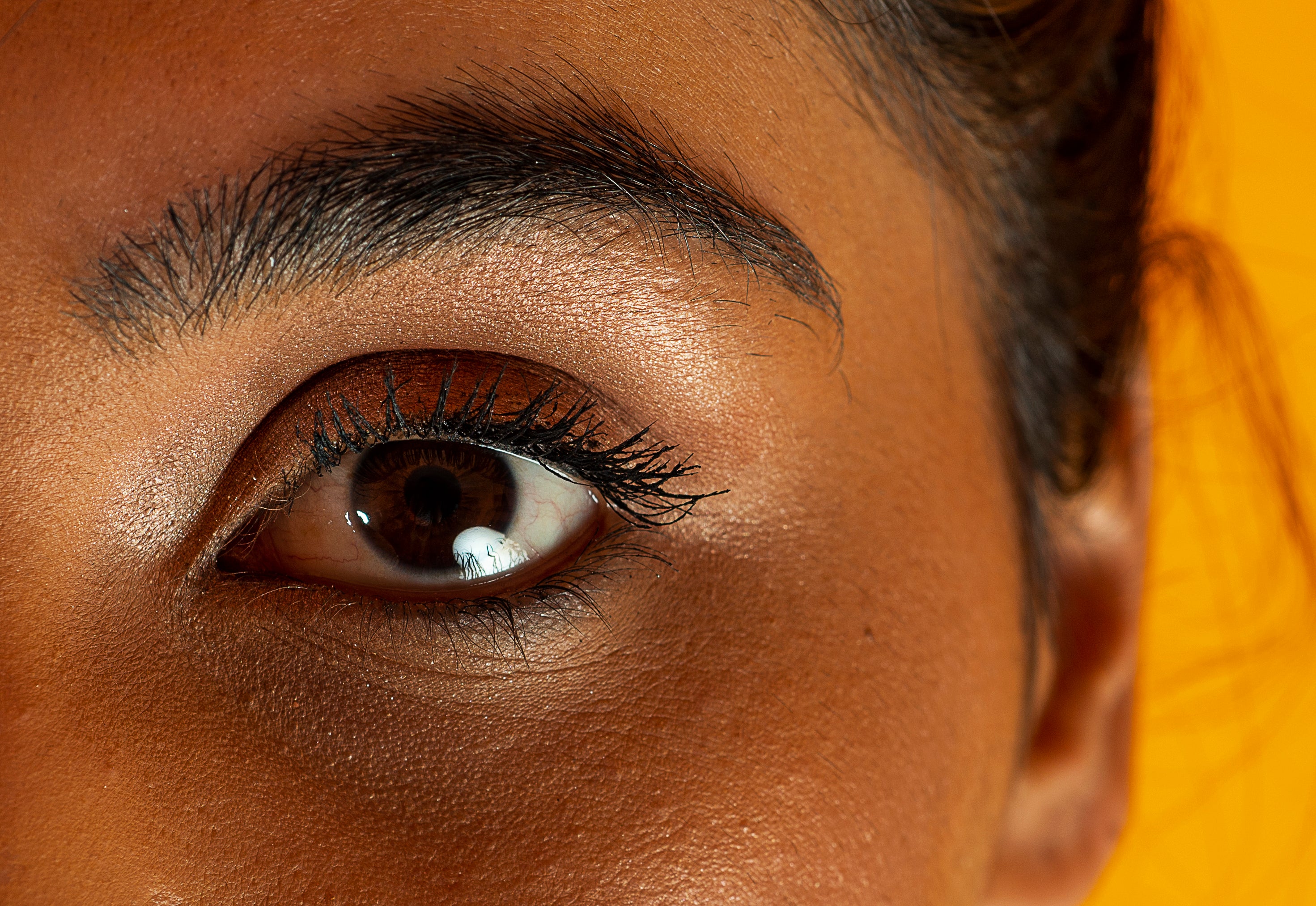 Makroaufnahme eines braunen Auges mit langen Wimpern und gepflegter Augenbraue.