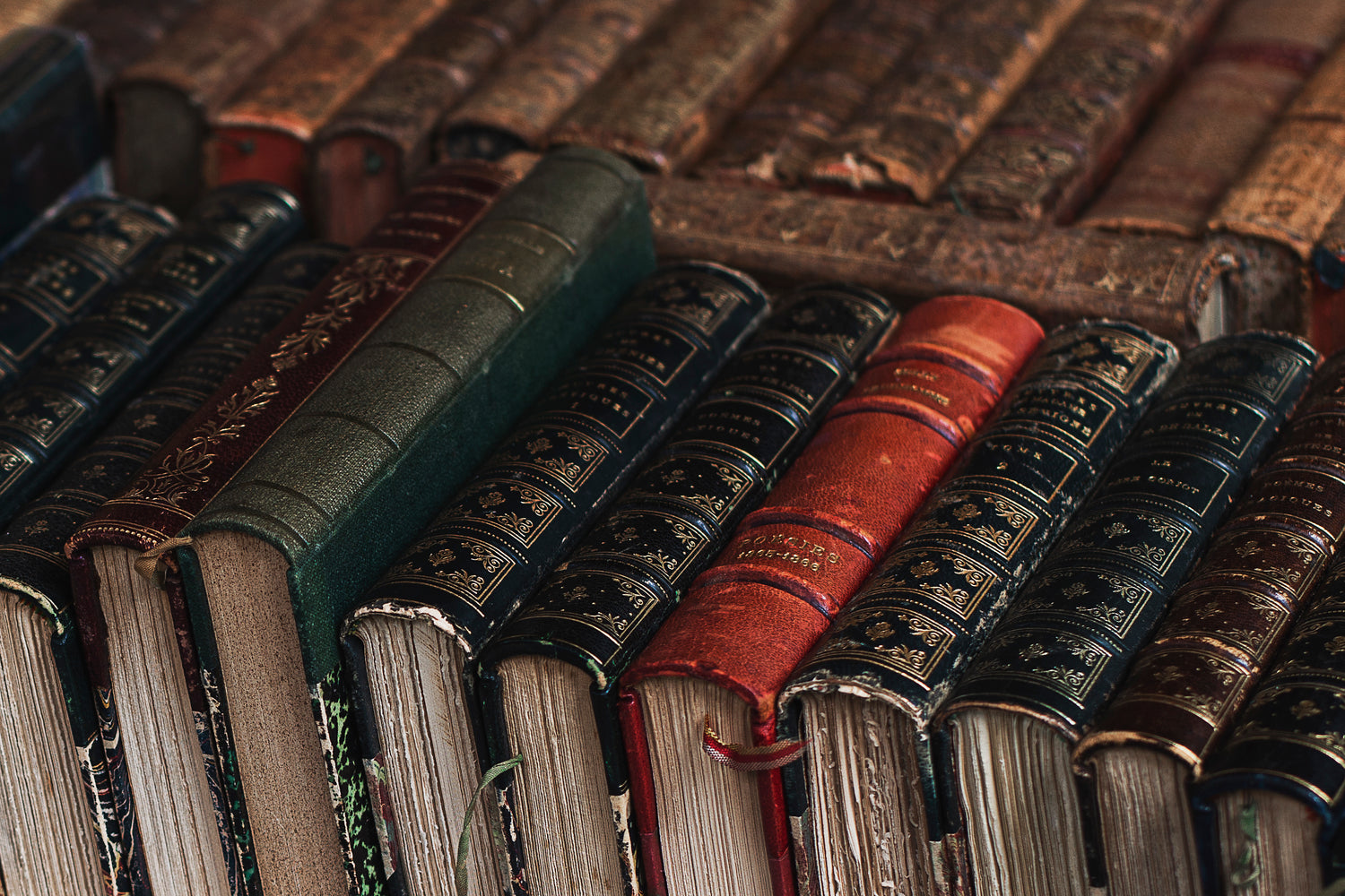 Eine Nahaufnahme einer Reihe alter, ledergebundener Bücher mit kunstvoll verzierten Rückseiten in verschiedenen Farben wie Grün, Rot und Schwarz. Die Bücher sind eng aneinander gereiht und zeigen Gebrauchsspuren, die auf ihr Alter hinweisen.