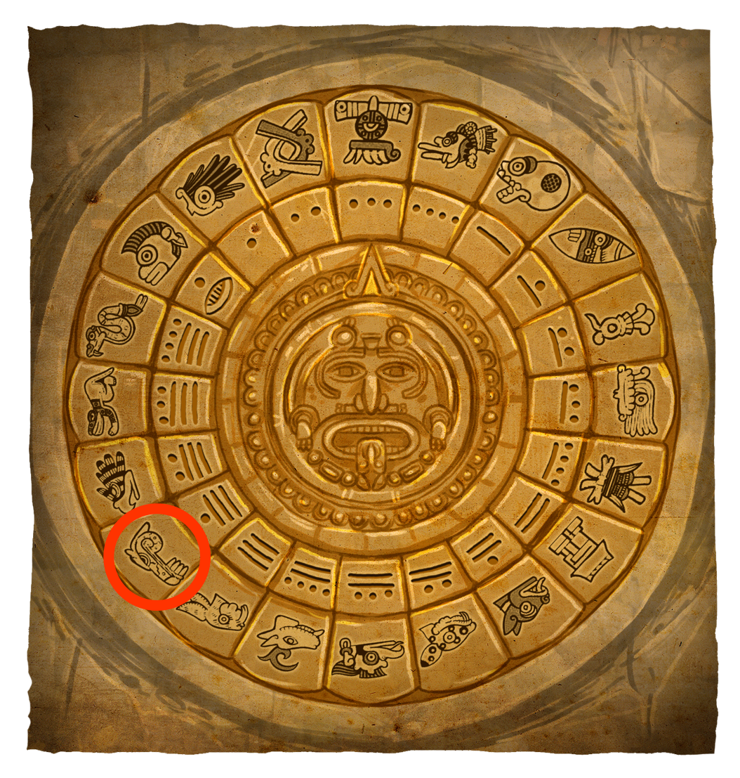 Eine goldene kreisförmige Scheibe, die an einen aztekischen Kalender erinnert. In der Mitte ist ein Gesicht mit traditionellen Mustern abgebildet. Der Kreis ist in mehrere Ringe unterteilt, die mit Symbolen und Glyphen gefüllt sind. Ein Symbol im äußeren Ring links unten ist rot umkreist. Das Bild hat einen antiken und kulturellen Charakter.