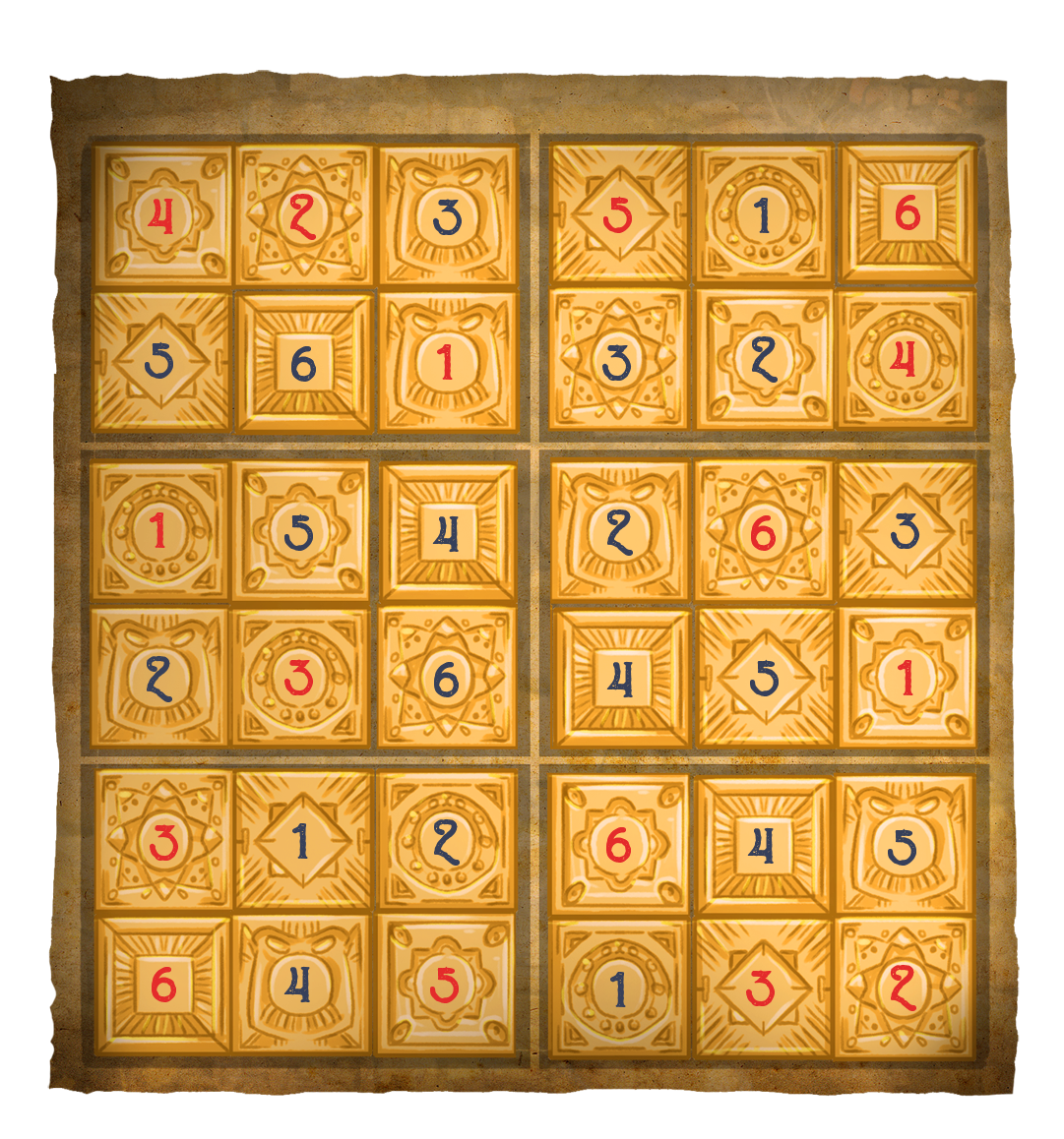 Ein Raster mit 6x6 Feldern, die goldene, verzierte Kacheln enthalten. Jedes Feld zeigt eine Zahl zwischen 1 und 6, farblich unterschiedlich hervorgehoben (rot oder grau). Die Umgebung hat eine antike, gealterte Optik