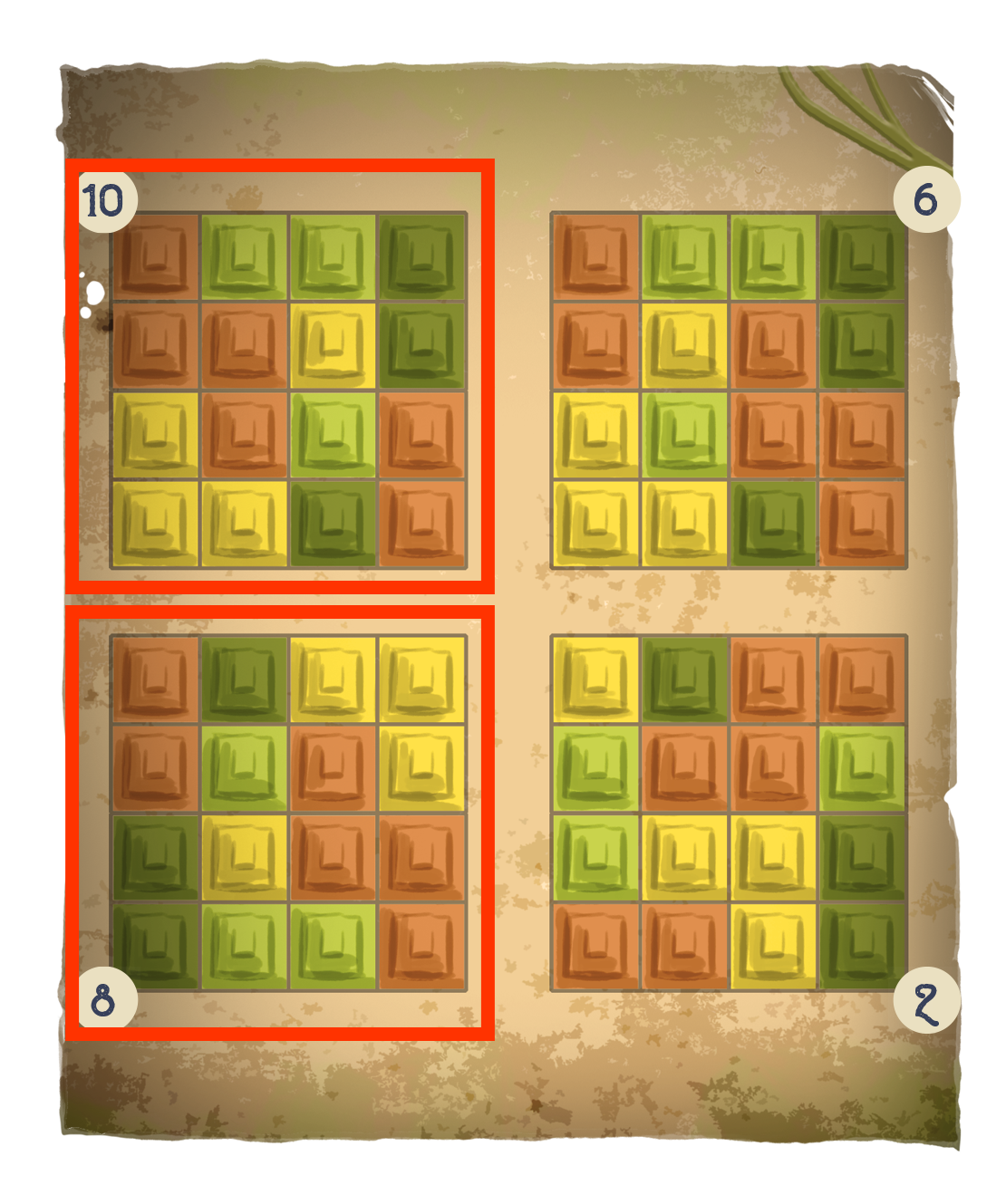 Ein Puzzle mit vier 4x4-Rastern, die farbige Kacheln enthalten (grün, gelb, braun). Die beiden linken Raster sind rot umrandet und mit den Zahlen 10 (oben) und 8 (unten) markiert. Die rechten Raster tragen die Zahlen 6 (oben) und 2 (unten). Der Hintergrund hat eine gealterte, pergamentartige Optik.