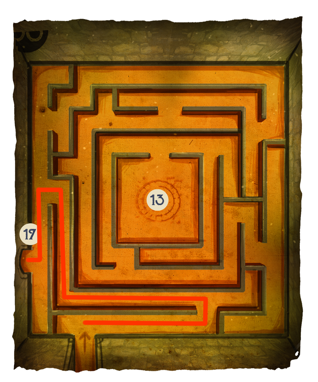 Ein labyrinthartiges Puzzle mit orangefarbenen Gängen, bei dem die Zahl 13 in der Mitte und die Zahl 17 am linken Rand markiert sind. Ein roter Pfad zeigt den Weg von der Zahl 17 zur Mitte des Labyrinths. Der Hintergrund hat eine antike, gealterte Optik.