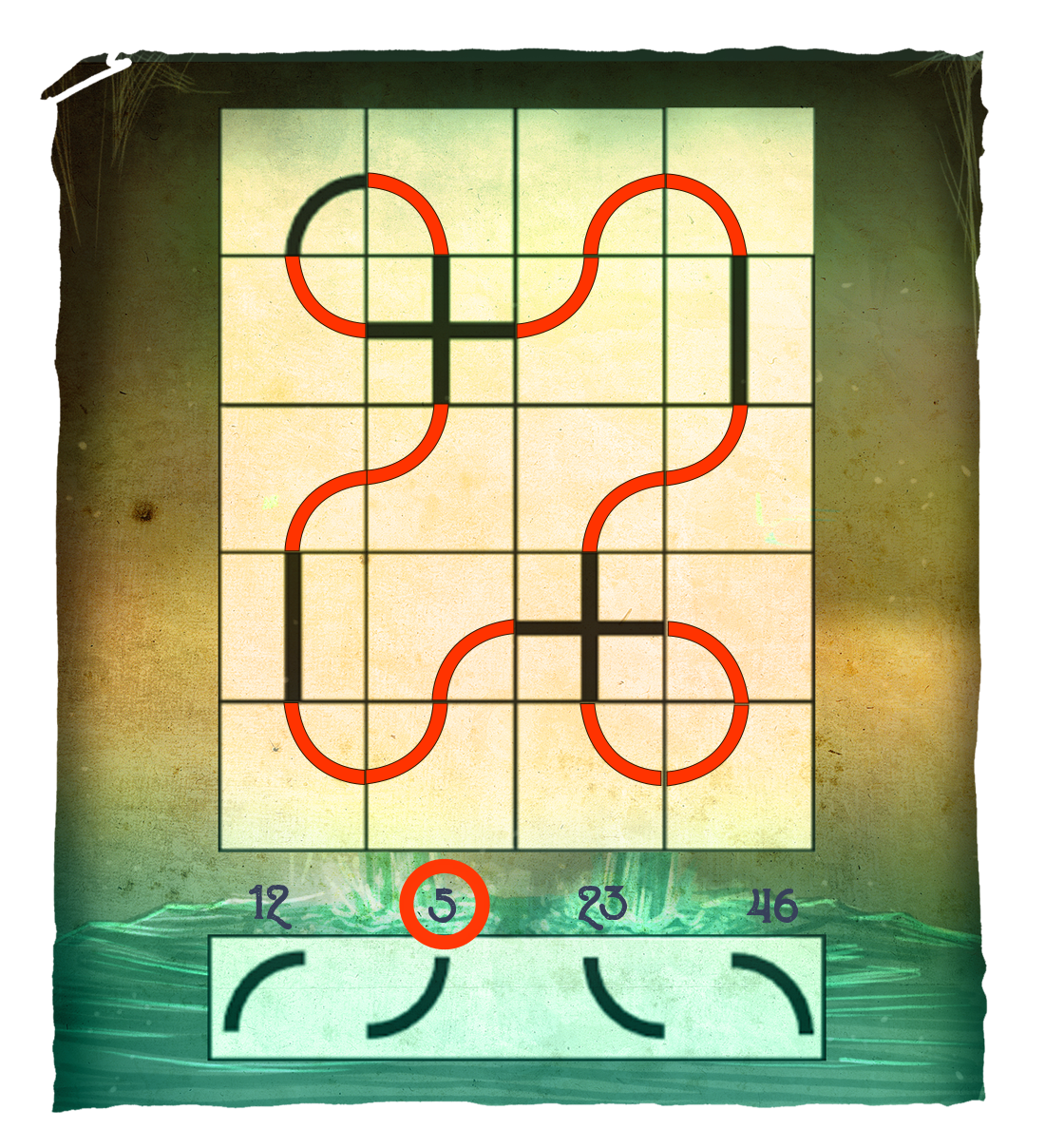 Ein Puzzle-Raster mit 4x4 Feldern, in dem rote Linien durch die Felder verlaufen und sich an einigen Stellen kreuzen. Unten befindet sich eine Auswahl von vier Kurvensegmenten mit den Zahlen 12, 5, 23 und 46. Die Zahl 5 ist rot markiert. Der Hintergrund zeigt einen Verlauf von Gelb zu Grün mit einer Wasserstruktur am unteren Rand.