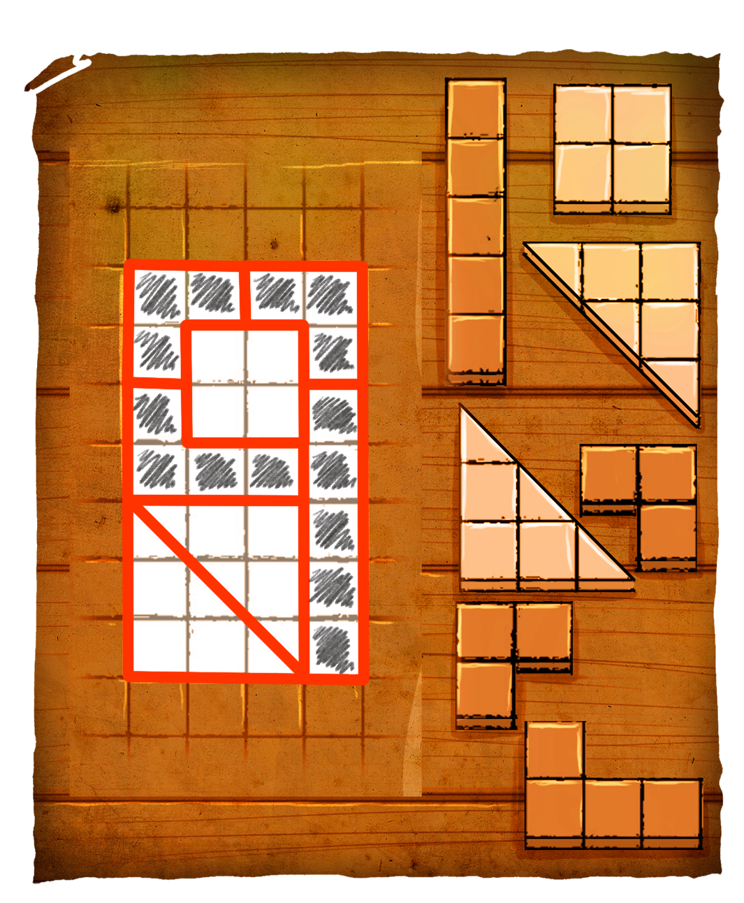 Ein Puzzle mit einem Gitter aus 5x5 Feldern, von denen einige grau schraffiert sind. Das Gitter ist rot umrandet und diagonal in zwei Hälften geteilt. Rechts befinden sich mehrere orangefarbene Puzzle-Teile in verschiedenen Formen, die in das Gitter eingesetzt werden können. Der Hintergrund hat eine holzartige Struktur